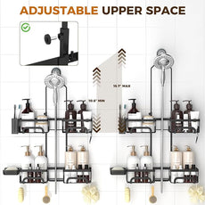 REINHARDT Shower Caddy Hanging for Handheld Showerheads Adjustable Split Shower Caddy, Rustproof Shower Organizer with Hooks for Razors Over the Head Caddy with Soap Holder Bathroom Accessories, Black