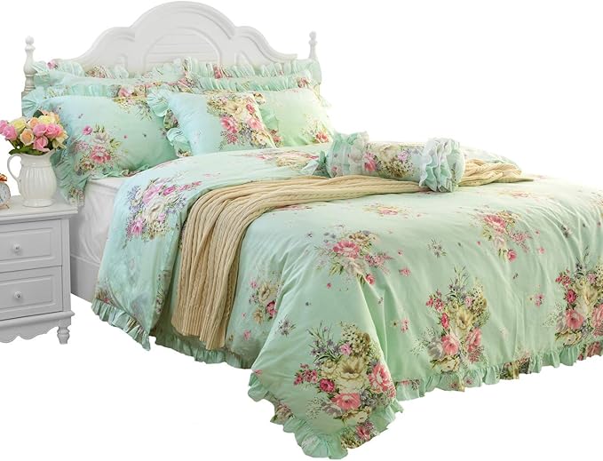 FADFAY Light Robin Egg Blue Duvet Cover Sets Floral Girls Bedding Set 100% Cotton Ruffled Farmhouse Bedding for Women Elegant Garden Style Dorm Bedding (3-Piece, Full Size)