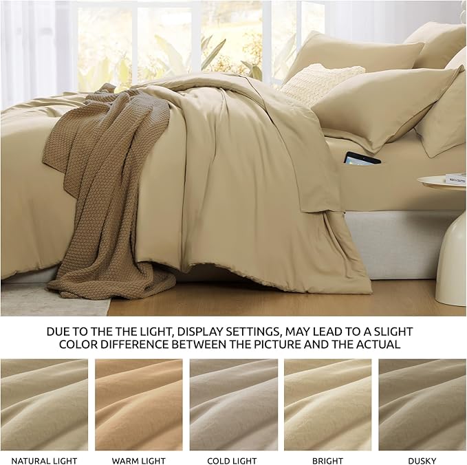 WRENSONGE Queen Comforter Set- 7 Pieces Soft Taupe Bed in a Bag Queen Size with Fitted Sheet, Flat Sheet, 2 Pillow Shams, and 2 Pillowcases- Khaki Bedding Sets for All Season
