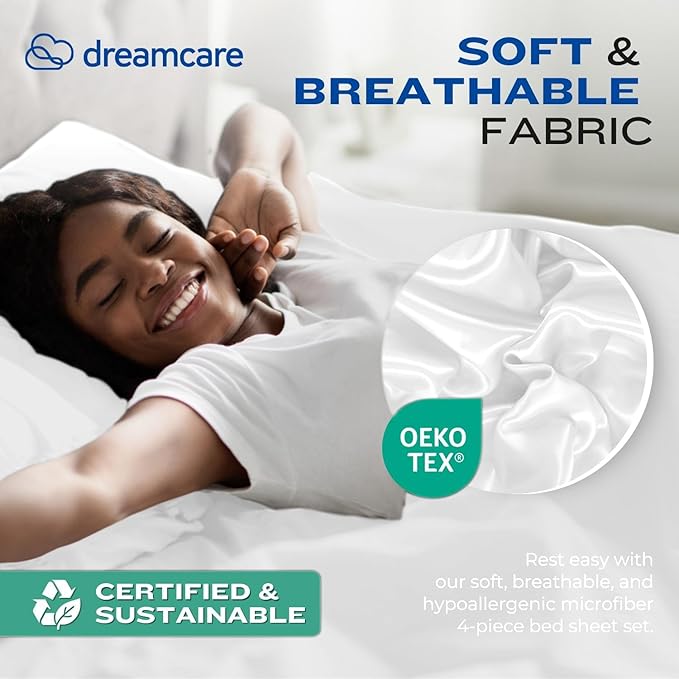 DREAMCARE Full Size Sheets – 4 pcs Cooling Sheets – up to 21” Deep Full Sheet Set – Hotel Luxury Sheets & Pillowcases – Superior Softness 100% Fine Microfiber with Side Pocket – White DREAMCARE