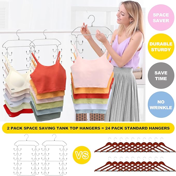 2 Pack Closet Organizers-and Storage,6 Tier Tank Top Hangers Space Saving, Dorm Room Essentials for Girls Camisoles Swimsuits Dress