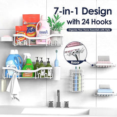 Shower Caddy Adhesive Shower Organizer 7-Pack, Rustproof Stainless Steel Bathroom Shelves, Large Capacity No-Drill Rack Storage Accessories with Soap Dish Toothbrush Holder Hooks (White)