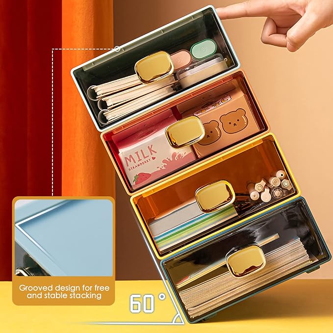 2PACK Stackable Drawer for Desk 6.5"x9"x3" Desktop Storage Organizer with Drawer Plastic Organizer Box Storage Container for Stationery, Makeup, Bathroom (Orange, M - 1 Drawer)