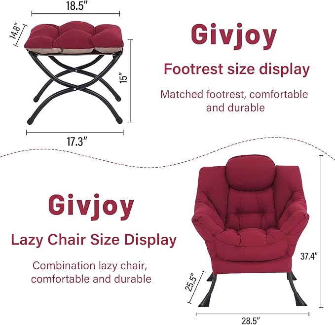 Lazy Chair and Ottoman, Large Accent Lounge Chair with Armrests and a Side Pocket, Modern Leisure Upholstered Sofa Reading Armchair with Footrest for Bedroom, Living Room, Dorm Rooms, Office