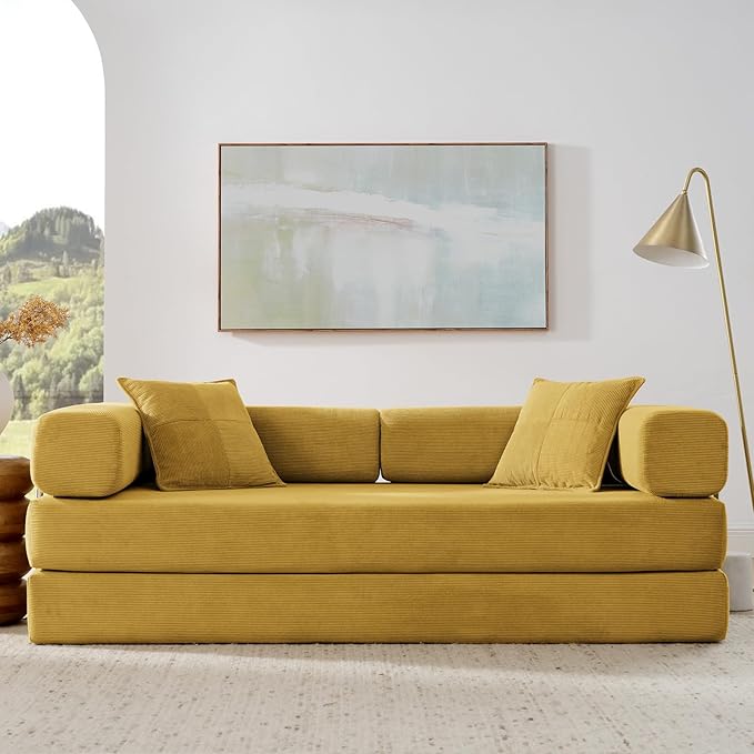 Antetek Convertible Futon Sofa Bed, 3-Seater Modern Corduroy Foam Floor King Size Bed Foldable Sleeper Lounge Loveseat Sofa Couch with 2 Throw Pillows for Living Room Bedroom Guest Room, Yellow