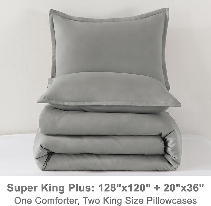 Litanika Comforter Set, Lightweight Solid Bedding Comforter Set, Fluffy Down Alternative Bed Set, Midium Grey, Super King Plus