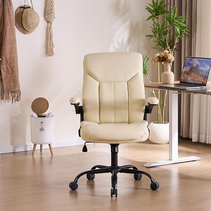 Office Chair, Ergonomic Computer Chair with Flip-up Arms Home Desk Chairs Comfy PU Leather Executive Mid Back Support Adjustable Height Tilt Lock Swivel Rolling Wheels, Beige