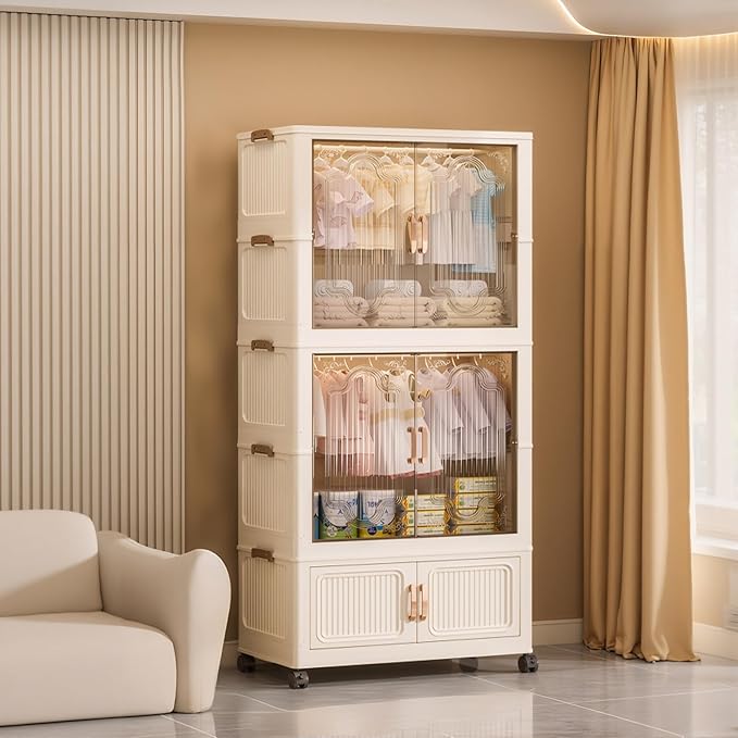 Collapsible Foldable Stackable Storage Bins with Lids on Wheels, Heavy Duty Large Plastic Wardrobe Closet Organizer Cube, Rolling Clothes Storage Container for Sweaters Blankets, Two Clear Cabinet