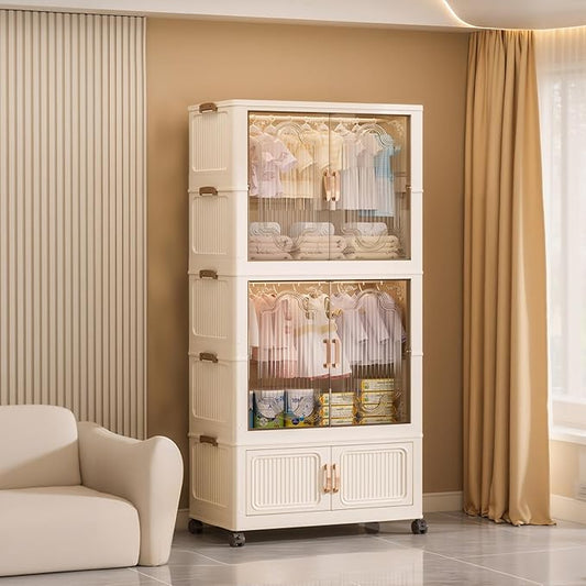 Collapsible Foldable Stackable Storage Bins with Lids on Wheels, Heavy Duty Large Plastic Wardrobe Closet Organizer Cube, Rolling Clothes Storage Container for Sweaters Blankets, Two Clear Cabinet