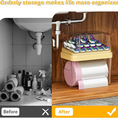 2-in-1 Trash Bag Dispenser & Laundry/Dishwasher Pods Container, Clear Acrylic Garbage Bag Organizer with Removable Lids, Under Sink Kitchen Storage Box for Pantry Organization