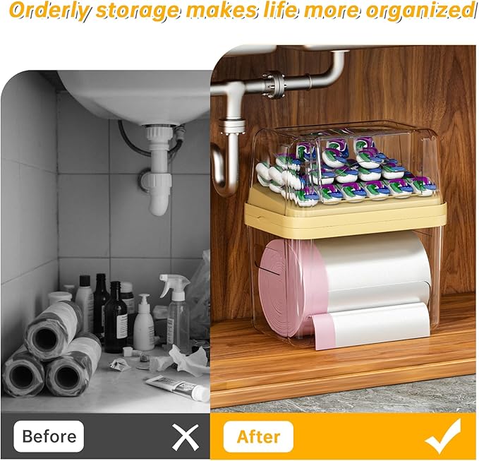 2-in-1 Trash Bag Dispenser & Laundry/Dishwasher Pods Container, Clear Acrylic Garbage Bag Organizer with Removable Lids, Under Sink Kitchen Storage Box for Pantry Organization