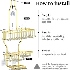 YASONIC Never Rust Shower Caddy Hanging Organizer - Aluminum Over-the-Showerhead Rack With 10 Hooks for Razor/Sponge and Soap Basket - Gold