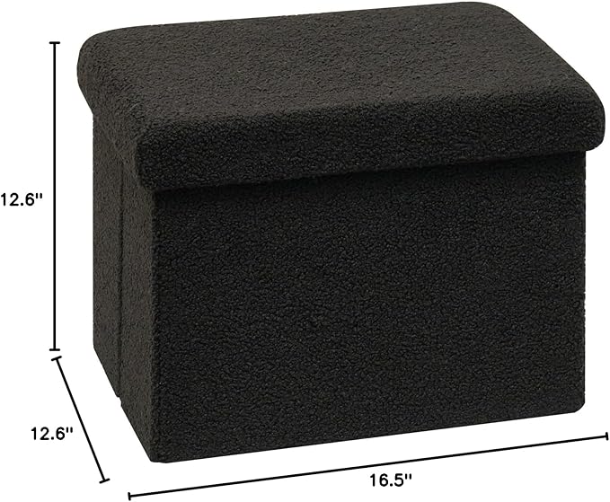 PINPLUS Storage Ottoman Cube Ottoman Foot Rest,Small Foldable Portable Boucle Upholstered Sherpa Ottomans, Faux Teddy Fur, Black 16.5"x12.6"x12.6"