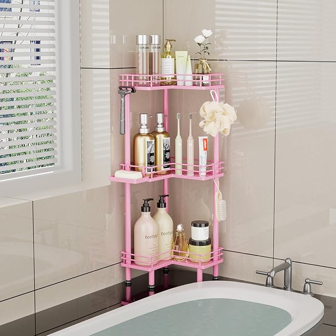 Consumest Corner Shower Caddy Standing - 3-Tier Stainless Steel Shower Organizer with Soap Holder and 4 Hooks, Large Capacity Corner Shelf Stand for Bathroom, Rest Room, Pink