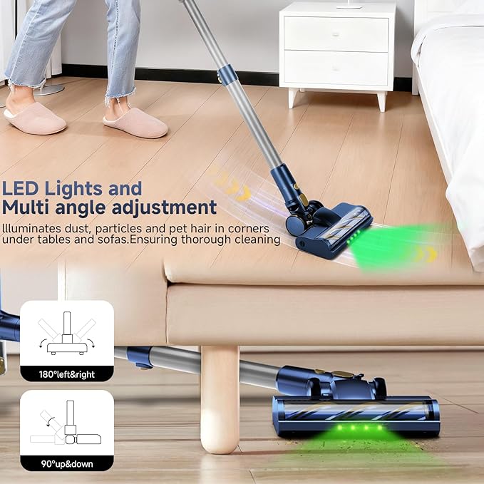 Cordless Stick Vacuum Cleaner - 45KPA Powerful Suction Vacuum with 45 Min Runtime, Detachable Battery, Anti-Tangle & 1.5L Dust Cup, 8 in 1 Vacuum Cleaner for Pet Hair, Carpet, HardFloor, Blue