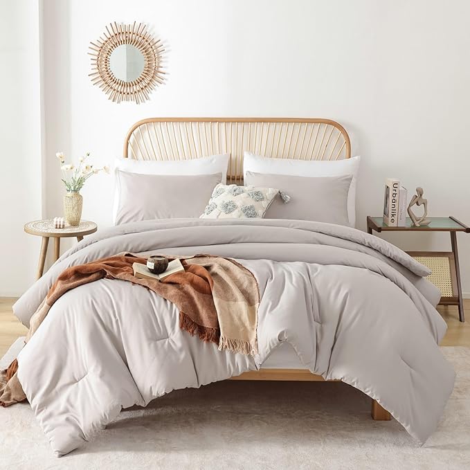 ROSGONIA Queen Comforter Set Linen Grey, 3pcs Queen Size Comforter(1 Boho Gray Comforter & 2 Pillowcases) All Season Lightweight Bedding Blanket Quilt