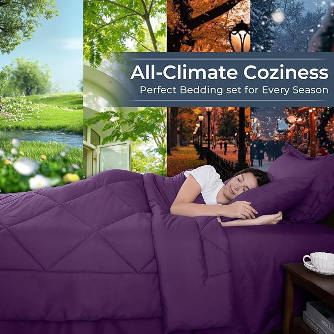 HEVUMYI Grape Purple Twin Comforter Set - 5-Piece All Season Bed in a Bag Twin, Ultra Soft Bedding Set with Comforter, Flat Sheet, Fitted Sheet, Pillowcases, Pillow Shams