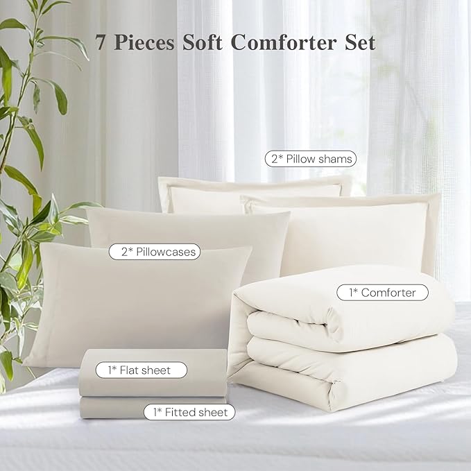 WRENSONGE Queen Comforter Set - 7 Pieces White Soft Bed in a Bag Queen with Fitted Sheet, Flat Sheet, 2 Pillow Shams, and 2 Pillowcases- Warm Bedding Sets for All Season