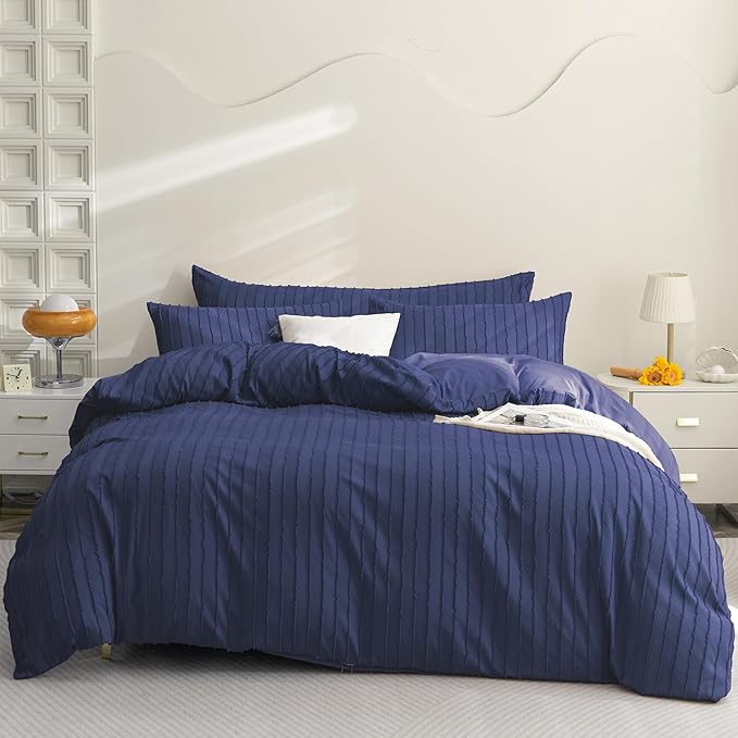 JELLYMONI Duvet Cover Full Size Navy Blue - 3PCS Boho Striped Duvet Cover Set Polyester Tufted Bohemian Textured Comforter Cover 80×90in with Corner Ties & Zipper and 2 Pillowcases