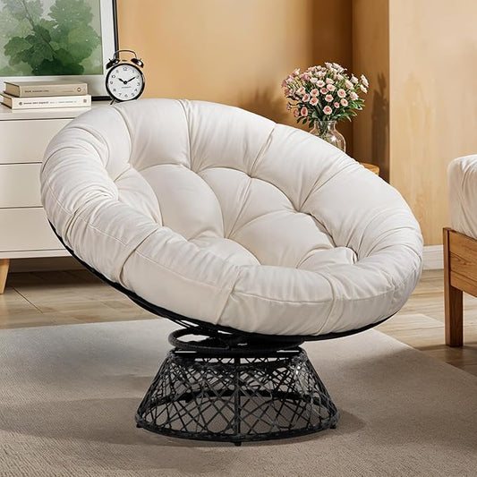 Bme 40" Ergonomic Wicker Papasan Chair with Soft Thick Density Fabric Cushion, High Capacity Steel Frame, 360 Degree Swivel for Living, Bedroom, Reading Room, Lounge