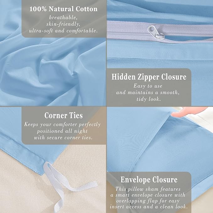 100-Percent Cotton Duvet Cover Set, Hidden Zipper Closure, Ultra Soft, Easy Care and Durable, Simple Bedding Style, King, Light Sky Blue (Comforter Not Included)