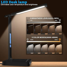 Smart Desk Lamp with Dual USB Charging (Type-C/USB-A) & 2 AC Outlets, Digital Clock, Temperature Display, 5 Color Modes, 5 Brightness, Adjustable - for Office, Bedroom, Dorm Room, Study