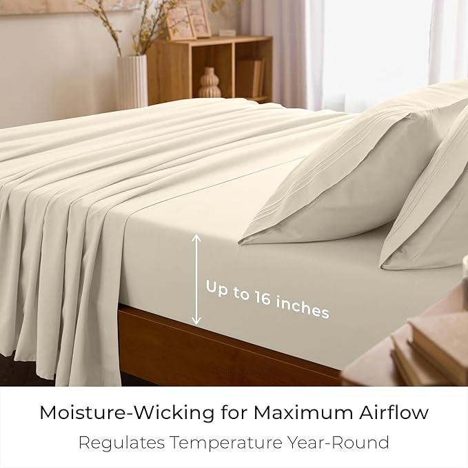 Mellanni Split King Sheet Set - 7-Piece Iconic Collection Bedding, (Including 4 Pillowcases), 16-Inch Deep Pocket, Easy Care, Extra Soft, Cooling Sheets, Brushed Microfiber - Golden Ivory