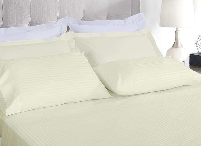 Threadmill 100% Cotton Sheets for Cal King Size Bed - 600 Thread Count Cal King Bed Sheets Set with 16” Deep Pocket - Damask Stripe Sateen Weave 4-Piece Bedding Set with Cooling Effect, Ivory