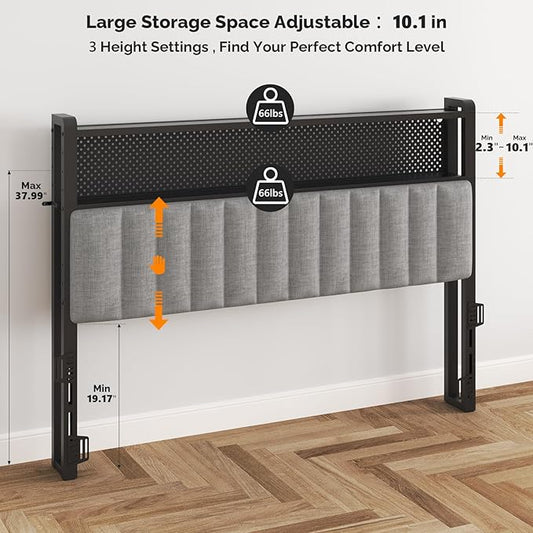 VINGLI Queen Size Headboard Only, Adjustable Upholstered Headboard with 2 Tier Shelves and Pegboard with Charging Stations and LED Lights, Modern Bed Headboard with Storage for Bedroom Decor