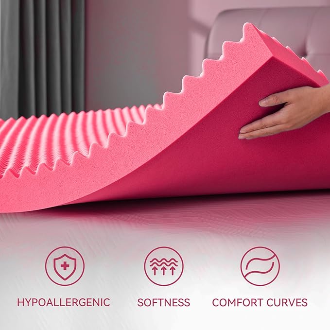 SINWEEK 3 Inch Egg Crate Memory Foam Mattress Topper King Size, Soft Mattress Pad for Back Pain Relief, Bed Topper, CertiPUR-US Certified, Pink