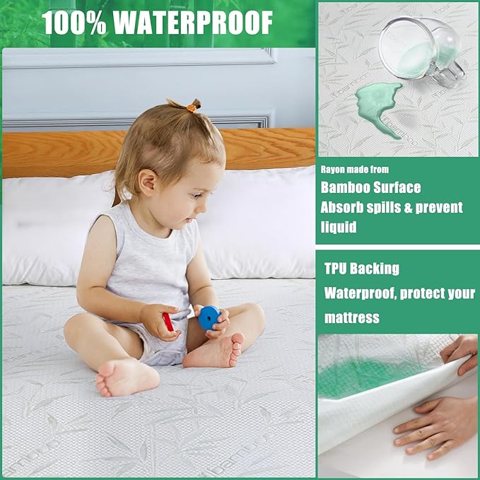 Waterproof Mattress Protector Queen Size, Viscose Cooling Breathable Mattress Cover, Fitted Deep Pocket Mattress Pad Cover Stretches up to 22 Inches, Noiseless Soft Bed Cover