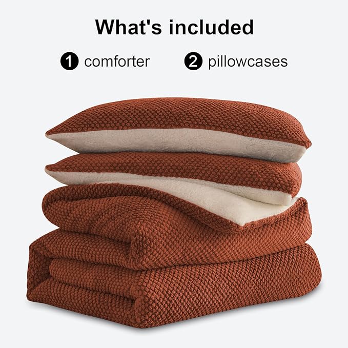 3D Jacquard Design Comforter Set, Ultra-Soft Warm Queen Size Sherpa Fur Plush 3-Pieces Sets Luxury Cozy Bedding with 2 Pillowcases (90"x90", Burnt Orange)