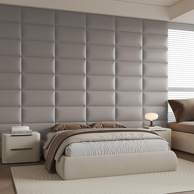 Wall-Mounted Upholstered Headboard Panels, 24x12 Inches, Light Grey Imitation Leather, Pack of 6 – DIY Soundproof Accent Wall Panels, Anti-Collision Padding, Easy to Clean, Modern Bedroom Décor