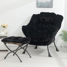 HollyHOME Lazy Chair with Foldable Ottoman, Accent Comfy Lounge Armchair and Folding Footrest Stool, Leisure Sofa Reading Chair and Footstool for Living Room, Bedroom, Dorm,Faux Fur Black