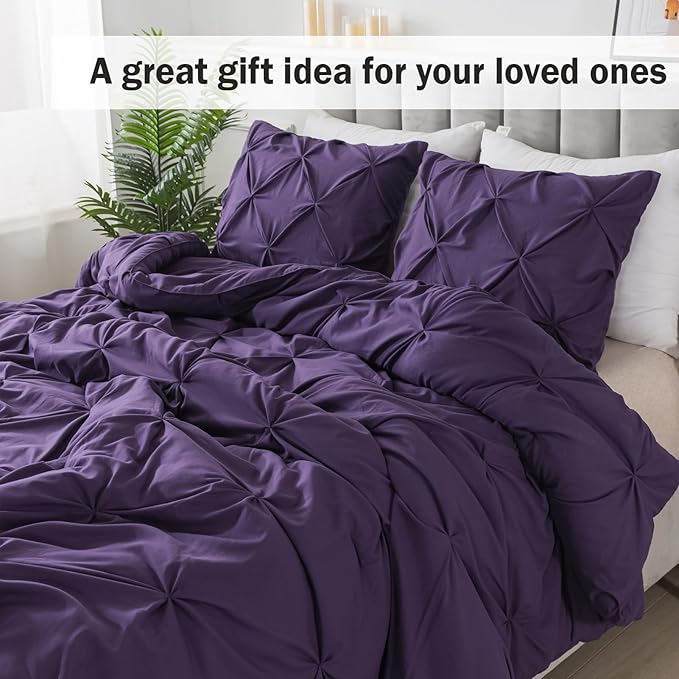 Andency Purple Comforter Full(79x90Inch), 3 Pieces(1 Pintuck Comforter and 2 Pillowcases) Microfiber Pinch Pleat Comforter Set Twin Size, Lightweight and Soft Bedding Comforter Set
