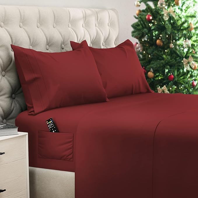 DREAMCARE King Size Sheets Set – 4 pcs Cooling Sheets – up to 21” Deep Pocket King Sheet Set – Hotel Luxury Sheets & Pillowcases – Superior Softness 100% Fine Microfiber with Side Pocket – Burgundy DREAMCARE