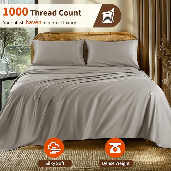 LBRO2M 1000 Thread Count 100% Egyptian Cotton Sheets Set King Size, 4 Piece Sets Bed Sheet Deep Pocket Sheet Set 16" Soft Comfortable All Season (King, Tapue)