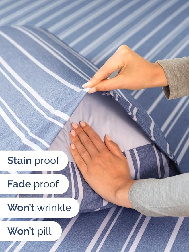 Extra Deep Pocket Cal King Sheets - 4 Piece Breathable & Cooling Bed Sheets - Hotel Luxury Bed Sheet Set - Soft, Wrinkle Free & Comfy - Easily Fits Extra Deep Mattresses - Blue Striped Sheets Set