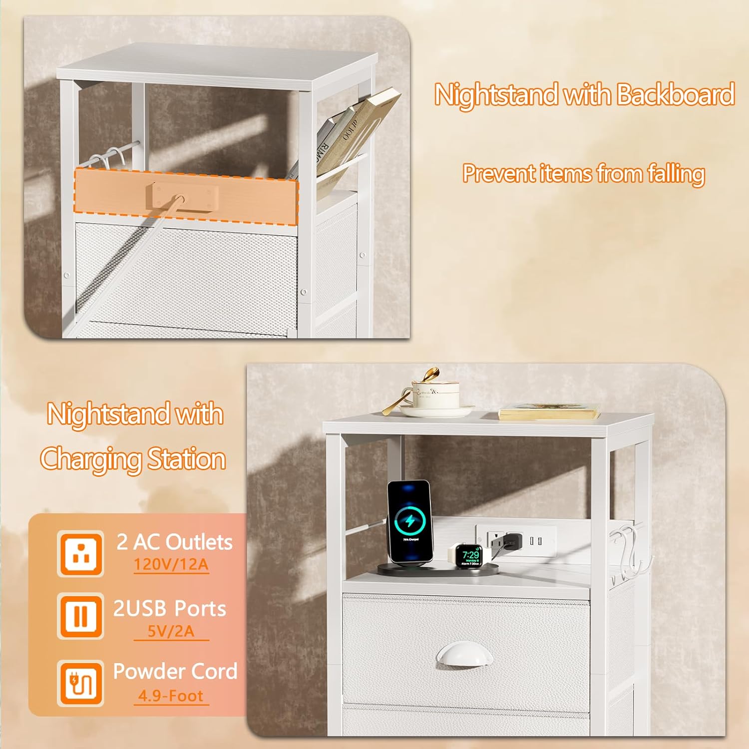 Furologee End Table with Charging Station, Nightstand with Fabric Drawers, Side Tables with USB Ports & Outlets, Night Stand with Storage Shelf & Hooks, for Living Room/Bedroom, White Dormly
