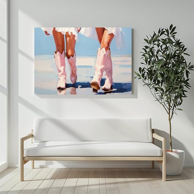Cowgirl Boots Wall Art Pink Cowboy Boots Canvas Wall Art Western Aesthetic Canvas Prints Poster Trendy Preppy Girls Aesthetic Room Decor Picture for Apartment Bedroom Dorm 24x16in Framed