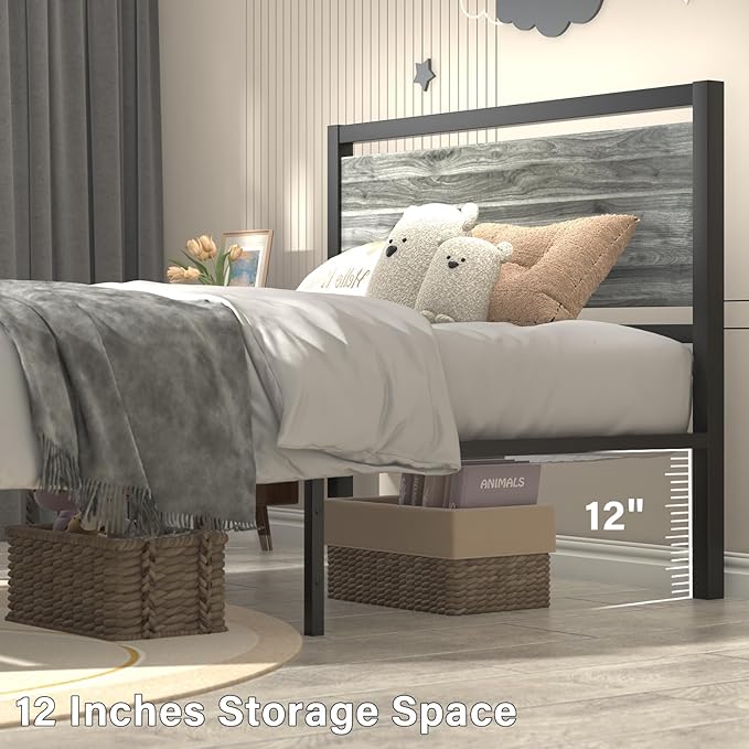 Queen Bed Frame with Headboard, Industrial Style Bed Frame Queen Size, Queen Size Bed Frame with Wooden Footboard, No Box Spring Needed, Noise-Free, Easy Assembly, Wash Grey