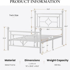SHA CERLIN 14 Inches Twin Size Metal Platform Bed Frame/Vintage Iron-Art Headboard and Footboard/Mattress Foundation for Storage/No Box Spring Needed/Noise-Free/Easy Assembly/White