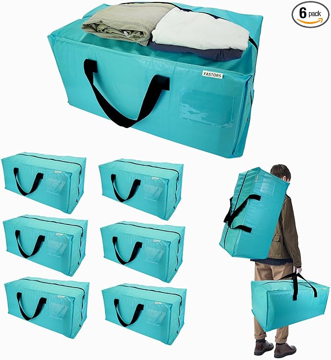 6-Pack Moving Bags,Heavy Duty Large Storage Bags with Zippers & Backpack Straps,Space Saver Bags are Packing Supplies for Moving & Travel,Alternative to Moving Boxes(BLUE)