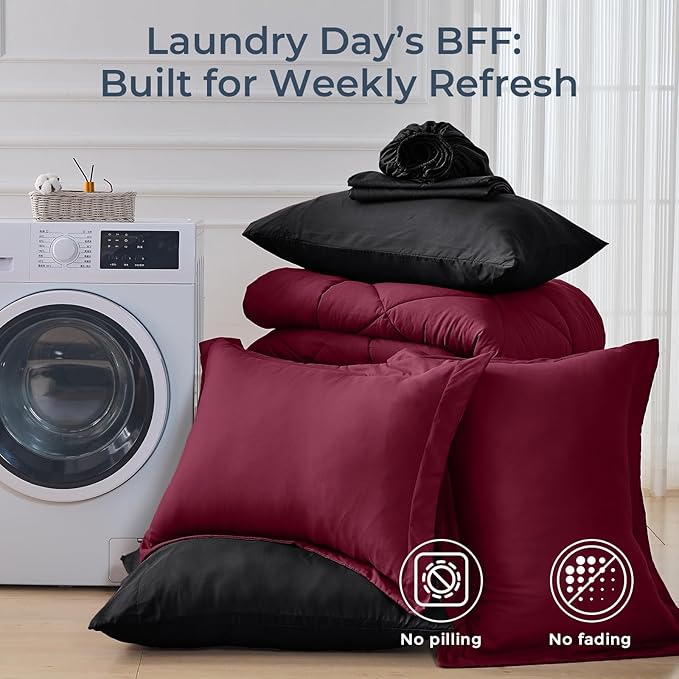 HEVUMYI Red & Black Cali-King Comforter Set - 7-Piece All Season Bed in a Bag Cali-King, Ultra Soft Burgundy Bedding Set with Comforter, Flat Sheet, Fitted Sheet, Pillowcases, Pillow Shams, Burgundy