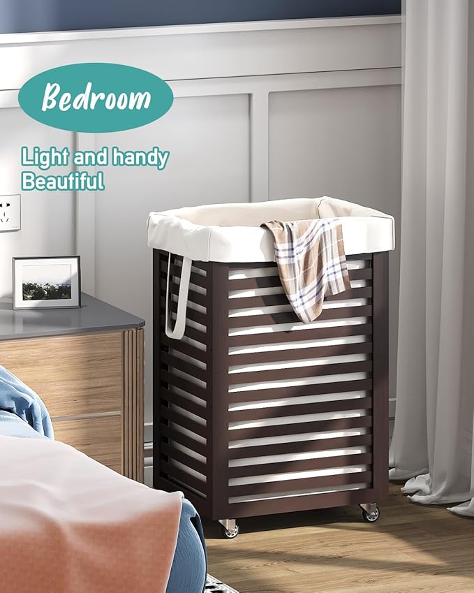 Laundry Hamper with Wheels, 22.7 Gallon (86L) Bamboo Wood Clothes Laundry Basket with Handles, Removable Liner