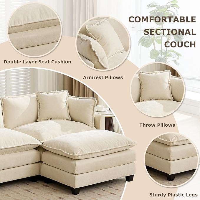 SoarFlash 113.78" Chenille Sectional Sofa, Comfy L Shaped Modular Coush Sofa with Ottoman, Modern 4 Seat Couch Deep Seat Sofa Set for Living Room,Beige