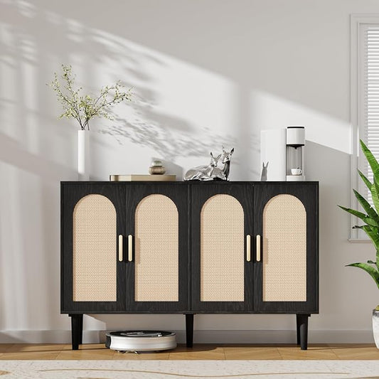 FONTOI Sideboard Cabinet with Rattan Doors, Kitchen Buffet Cabinet with Storage, Modern Farmhouse Large Accent Cabinets Credenza for Entryway Dining Room, Black