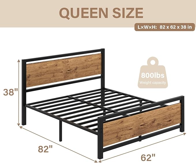 Queen Bed Frame with Headboard, Industrial Style Bed Frame Queen Size, Queen Size Bed Frame with Wooden Footboard, No Box Spring Needed, Noise-Free, Easy Assembly, Black Brown