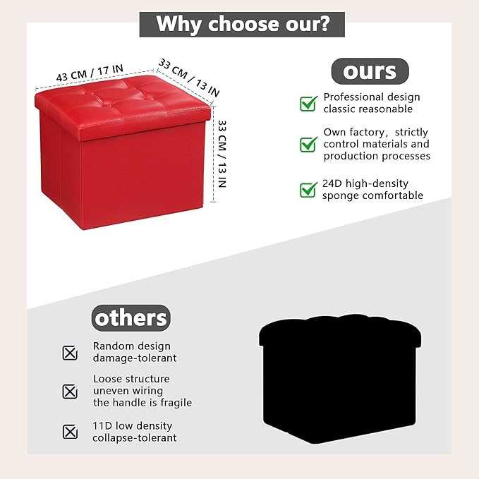 AmasSmile Storage Ottoman Folding Foot Rest Stool, Leather Footstool Bench, Short Ottoman Stool, Storage Foot Rest Store, Books (Red, 17" D x 13" W x 13" H)