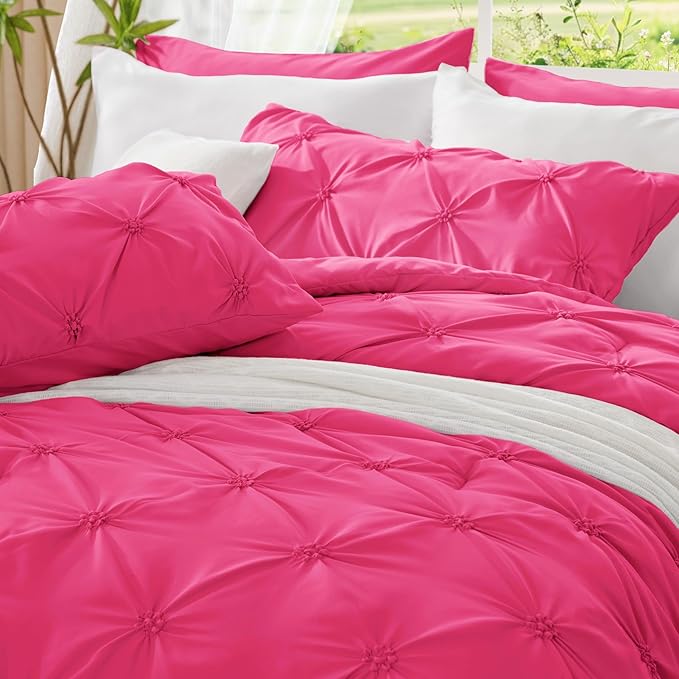 BEDELITE Hot Pink Queen Comforter Set - 3 Pieces Boho Pintuck Bedding Comforter Sets, Lightweight Soft & Warm Bed Comforter Queen with 2 Pillowcases for All Season